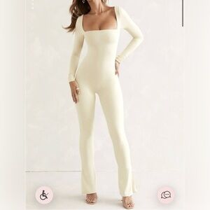 Oh Polly Ivory Long Sleeve Flared Leg Jumpsuit | Size 4